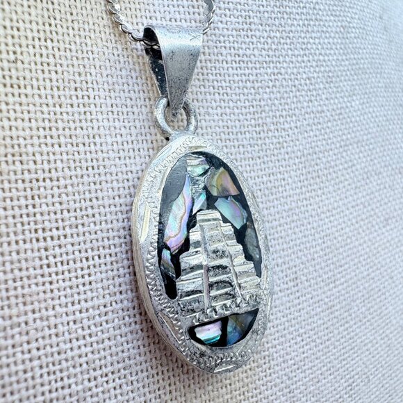 VTG Sterling Silver 925 Turquoise Abalone Reversible Pendant Necklace 23" Length - Picture 7 of 15